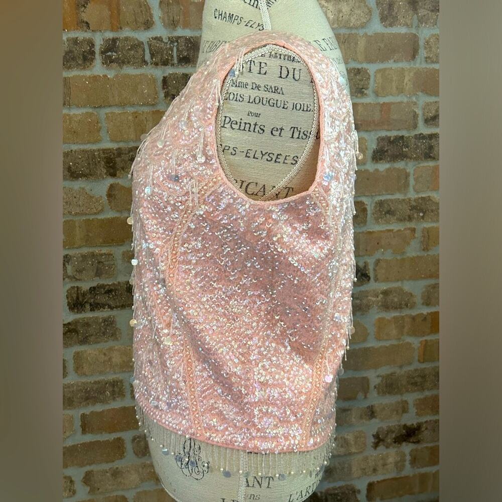 Vintage 1950s beaded teardrop light pink sleeveless wool top from Hartley’s sz M - Picture 5 of 11